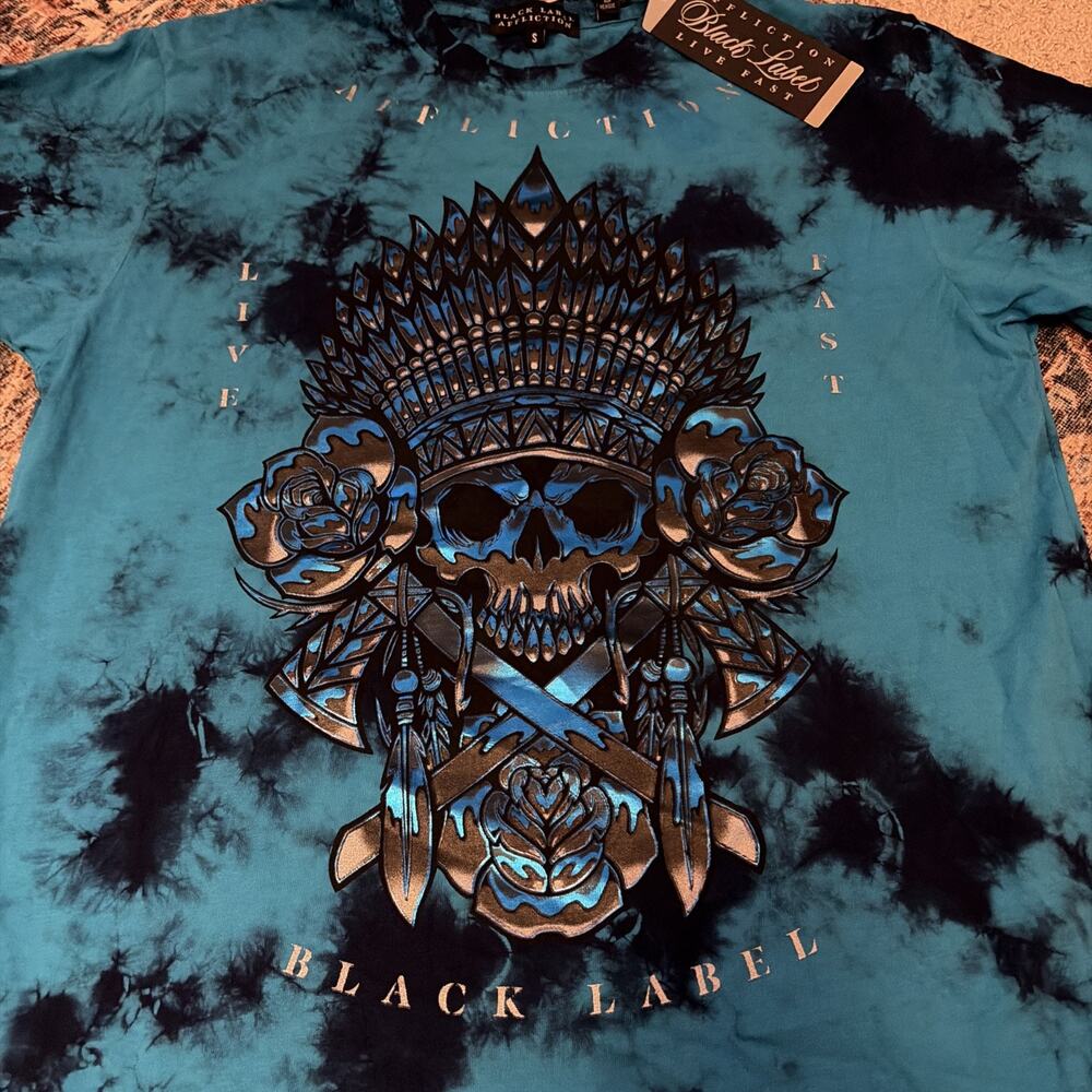 Affliction Black Label N.w.t. Men’s Size Small Blue Teal Tie Dye Indian Skull